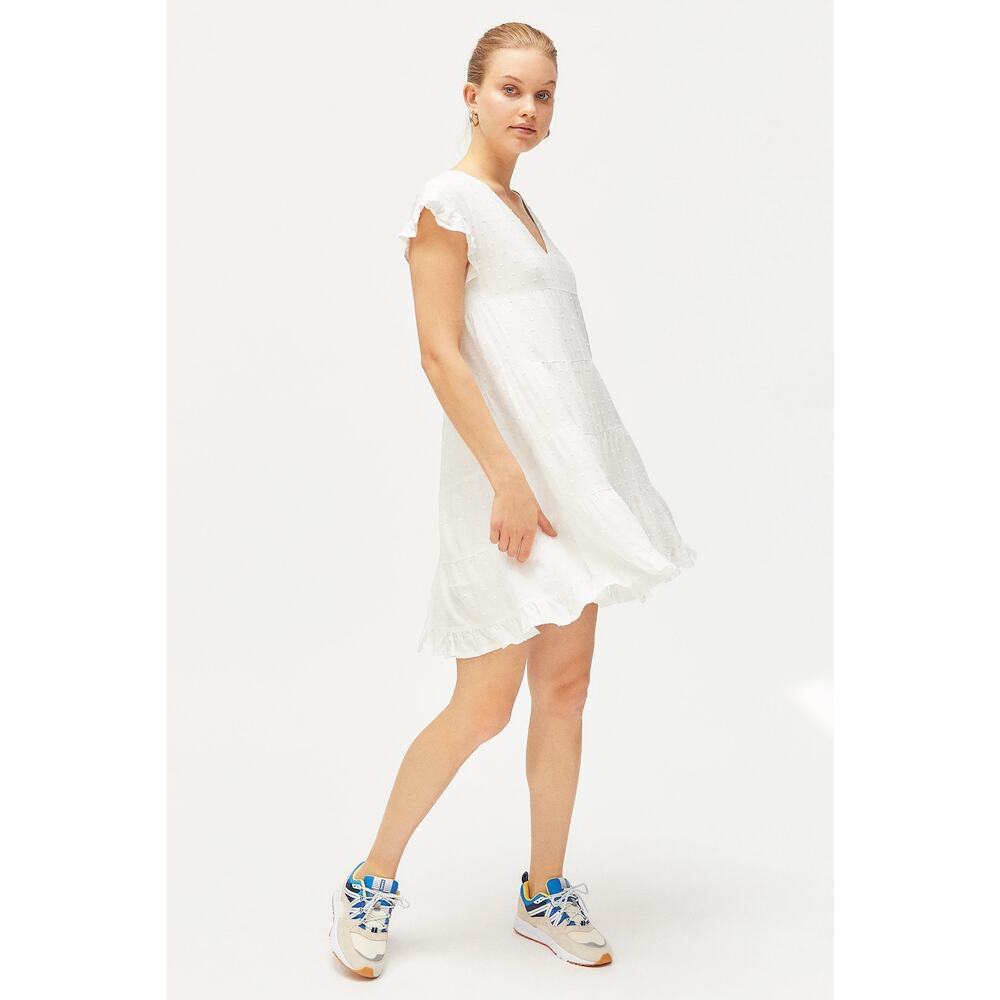 Urban Outfitters Women's White Textured Tiered Ruffle Babydoll Dress Flowy Boho
